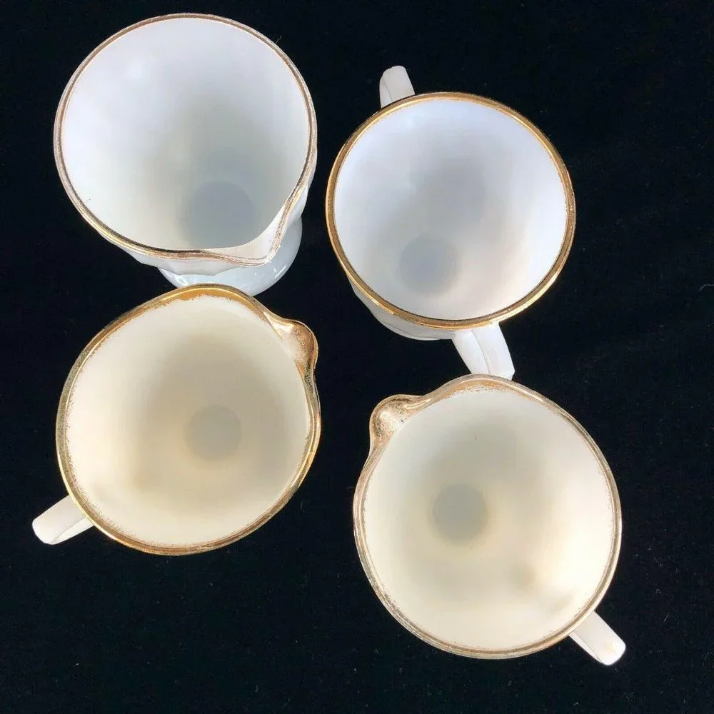 Fire King 3 Creamer 1 Sugar Bowl 2 Berry Set White Gold Swirl‎ Anchor Hocking